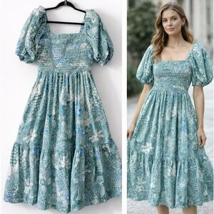 New ABERCROMBIE  FITCH Women's TEAL FLORAL Boho PRAIRIE DRESS Cottagecore Size S